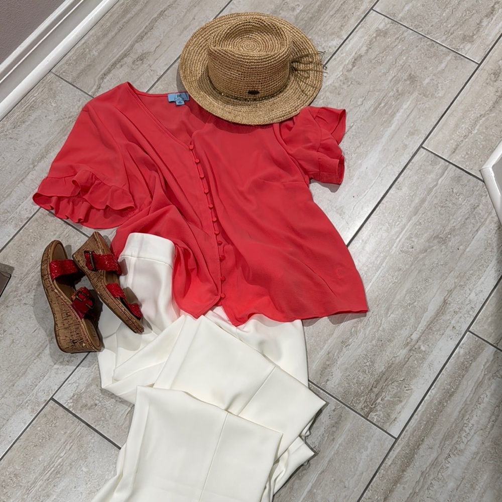CeCe Pinkish coral  Ruffled - sleeve  Blouse